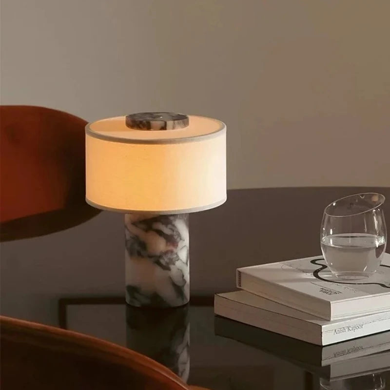 Luxury Beside Lamp Natural Marble Table Lamp Fabric Lampshade Yellow Stone Desk Lamp Living Room Bedroom