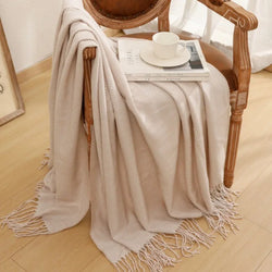 Chinese-Style Knitted Throw for Sofa or Bed, Brown Herringbone Pattern, with Tassels, Thin Summer Blanket