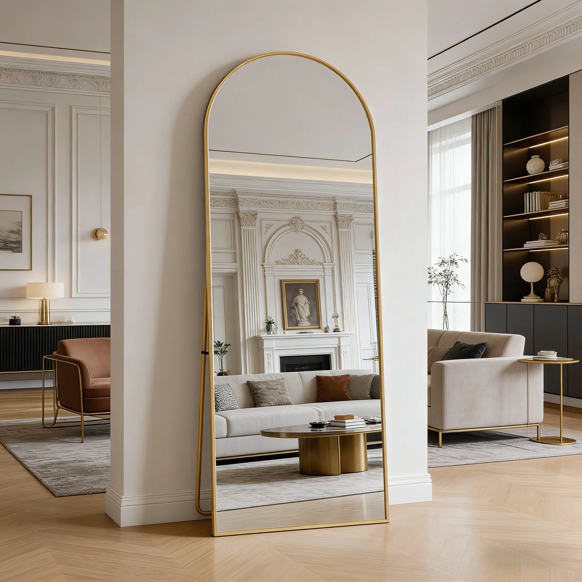 Anajqaqia Full-Length Tempered Glass Mirror, Curved Aluminum Frame, 162 x 53 cm, Adjustable Stand, Gold/Black