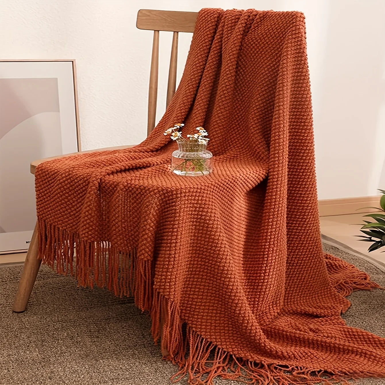 1pc Morandi Orange Tassel Knitted Blanket, Soft Warm Throw Blanket Nap Blanket for Couch Sofa Camping Travelling