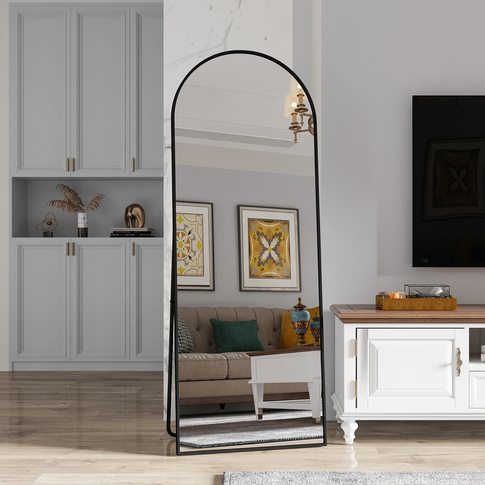 Anajqaqia Full-Length Tempered Glass Mirror, Curved Aluminum Frame, 162 x 53 cm, Adjustable Stand, Gold/Black