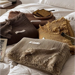 4-Layer 100% Cotton Gauze Blanket - Solid Color Sofa Throw with Tassel Trim, Multipurpose Lightweight Coverlet for Bed, Couch