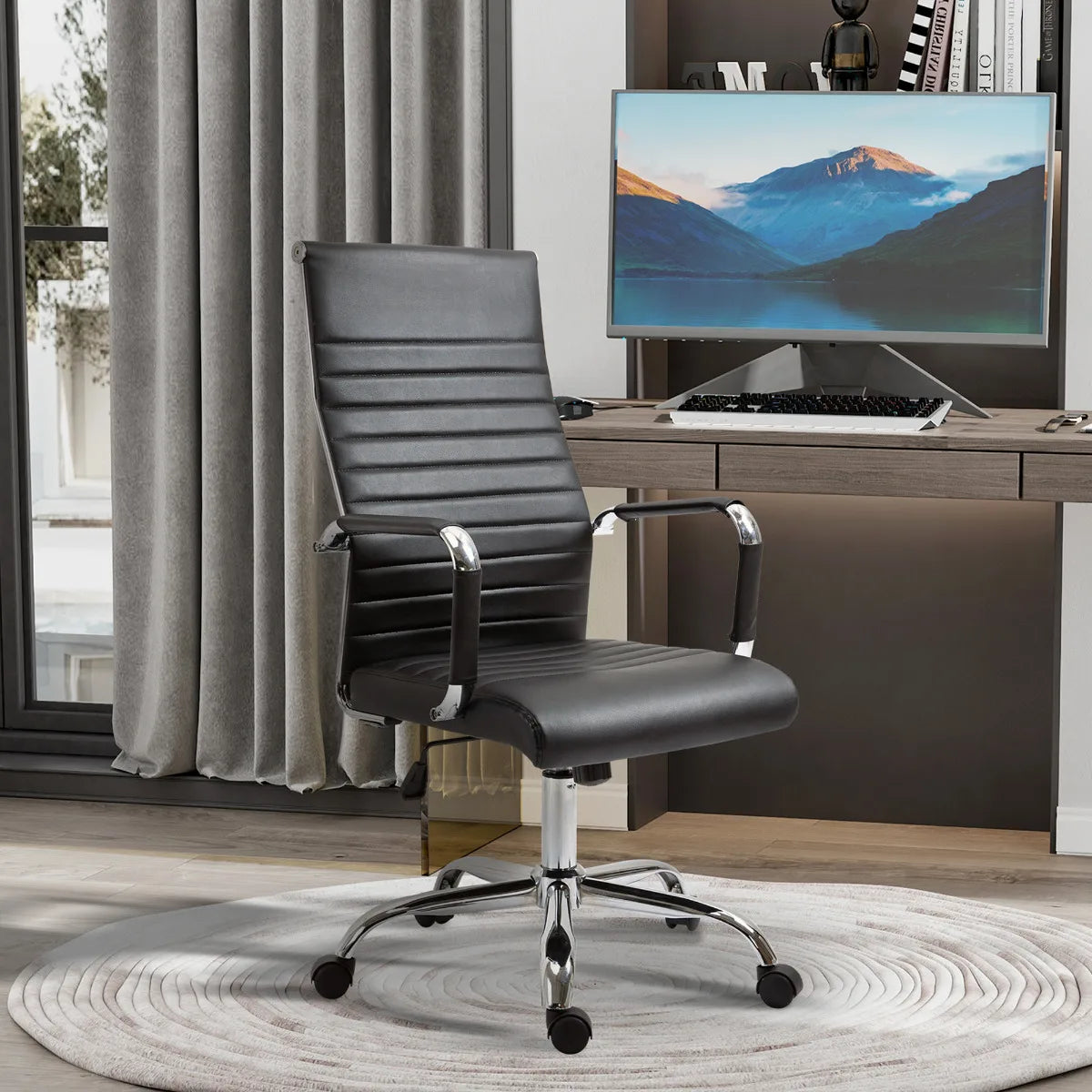 Office Chair, Ergonomic Executive Chair with Rocking Function, Height Adjustable, Upholstered with Faux Leather and Foam, Black