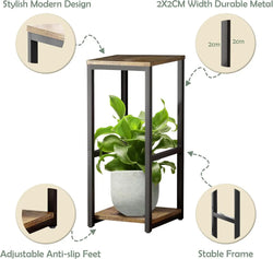 2-Tier Metal Plant Stand, Modern Wooden Corner Flower Pot Holder, Indoor Square Shelf Display Rack
