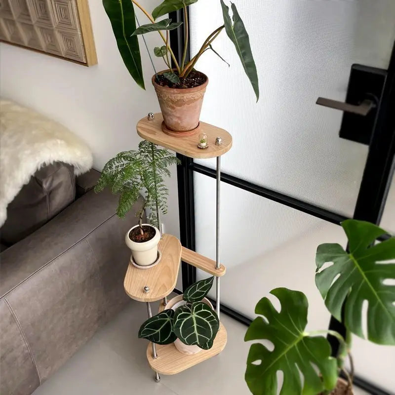 Modern Solid Wood Furniture Plant Stand Adjustable Shelf for Living   Heavy Duty Geometric Design Home Decor