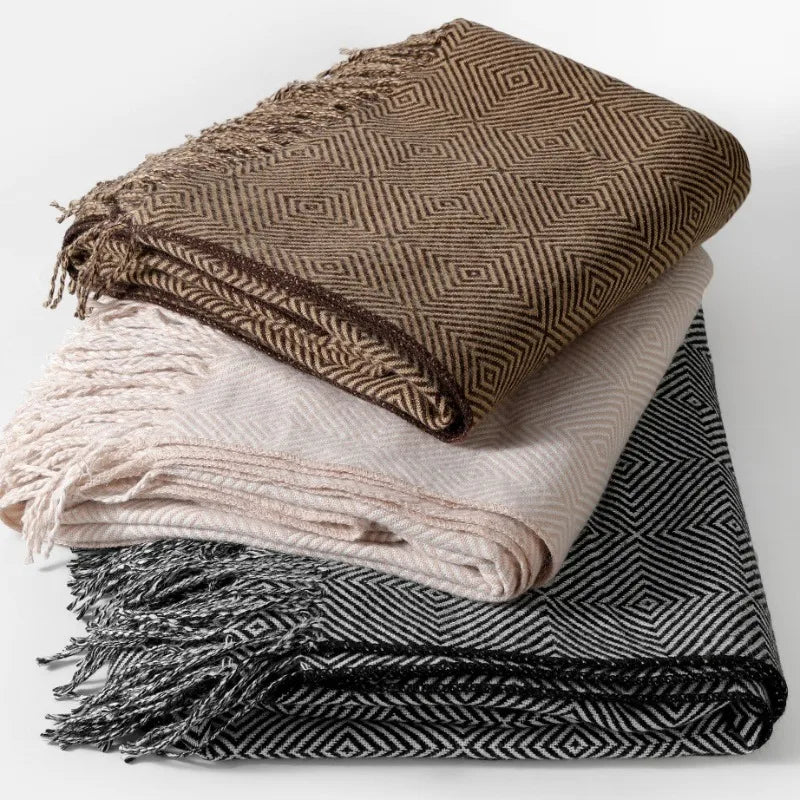 Chinese-Style Knitted Throw for Sofa or Bed, Brown Herringbone Pattern, with Tassels, Thin Summer Blanket