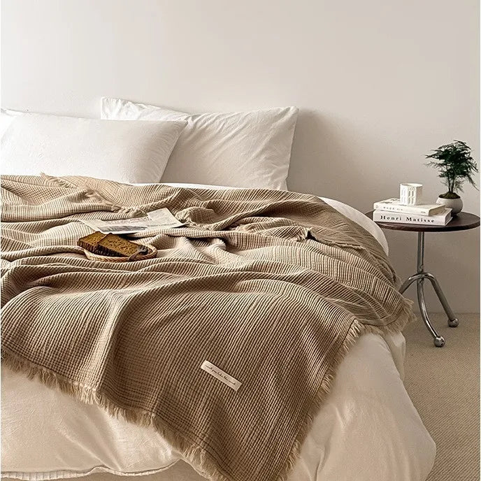 4-Layer 100% Cotton Gauze Blanket - Solid Color Sofa Throw with Tassel Trim, Multipurpose Lightweight Coverlet for Bed, Couch