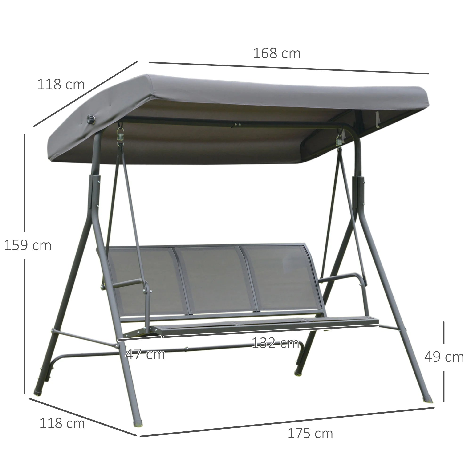 Outsunny 3-Seater Garden Swing with Canopy, Adjustable Breathable Backrest and Steel Frame, 175 x 118 x 159 cm