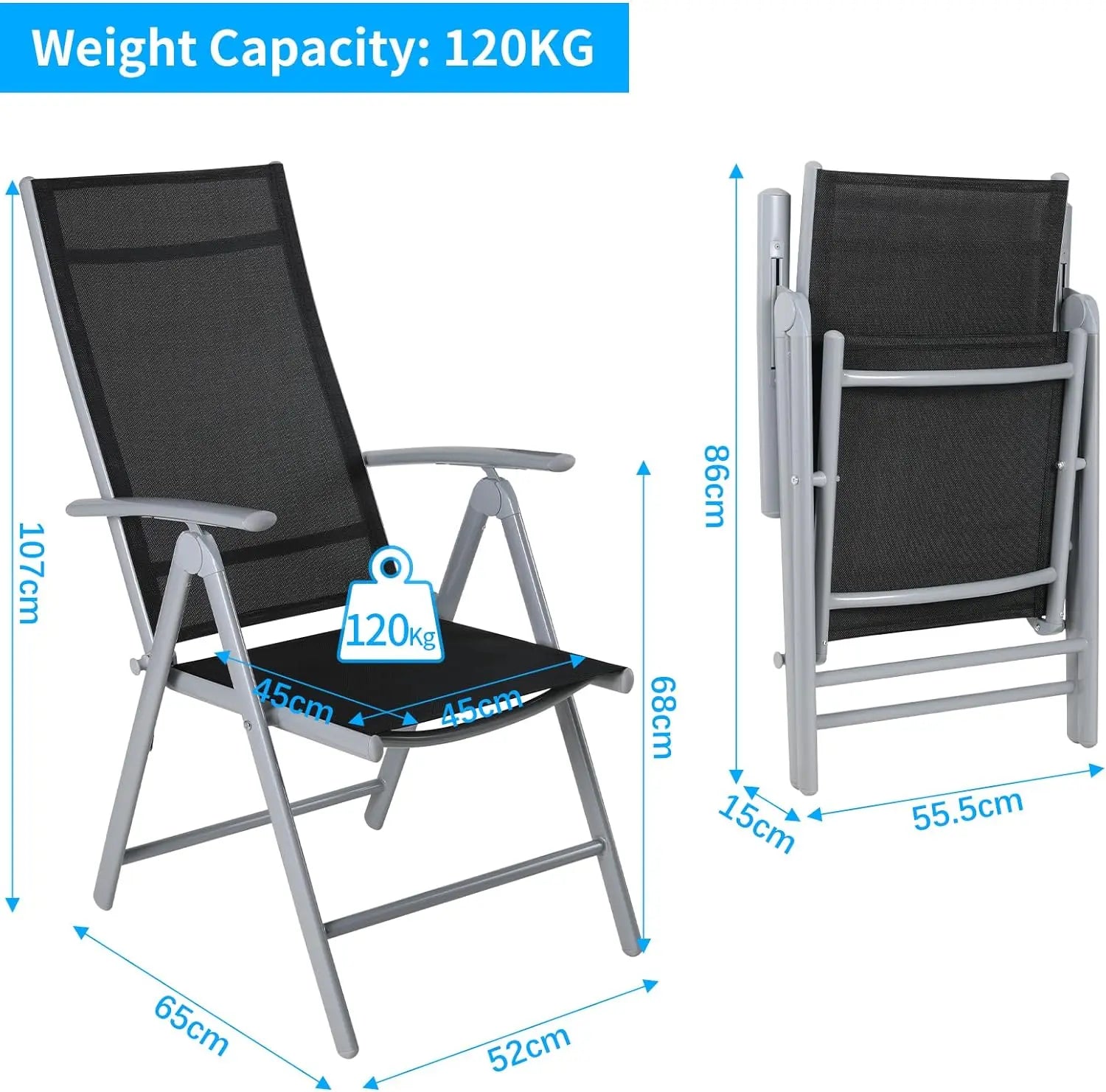 2-Piece Foldable Patio Armchairs, Folding Dining Chairs, Aluminum, Padded Adjustable High Backrest, Lightweight Garden Chair, Load 120 kg