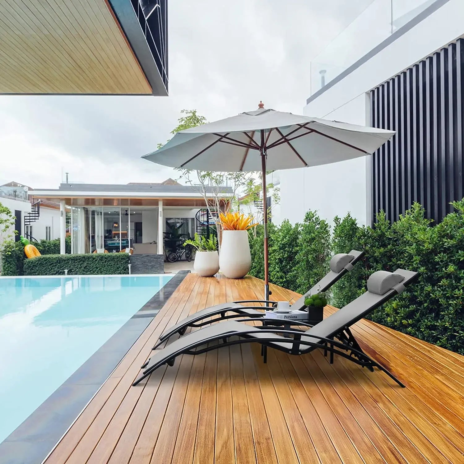 Aluminum Outdoor Lounge Chair with 5 Adjustable Positions + Table, 3-Piece Chaise Set for Pool, Garden, Beach, Camping and Backyard