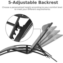 Aluminum Outdoor Lounge Chair with 5 Adjustable Positions + Table, 3-Piece Chaise Set for Pool, Garden, Beach, Camping and Backyard