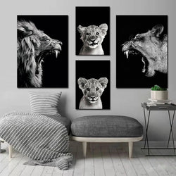 Black Background Roaring Lion Animal Posters and Prints Lion Family Canvas Painting Wall Art Pictures for Living Room Home Decor