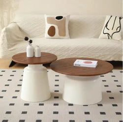 Round Scandinavian-Style Coffee Table Set, Creative Modern Wooden Top and Side Tables with White Base for the Living Room