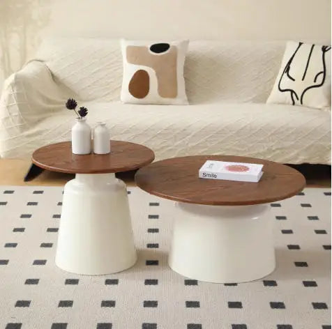 Round Scandinavian-Style Coffee Table Set, Creative Modern Wooden Top and Side Tables with White Base for the Living Room