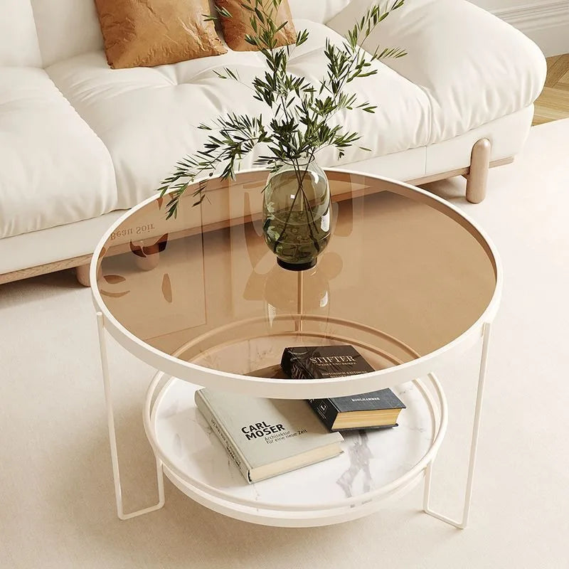 Changhong Tempered Glass Coffee Table, Round Minimalist Mini Table for Small Apartments and Living Rooms
