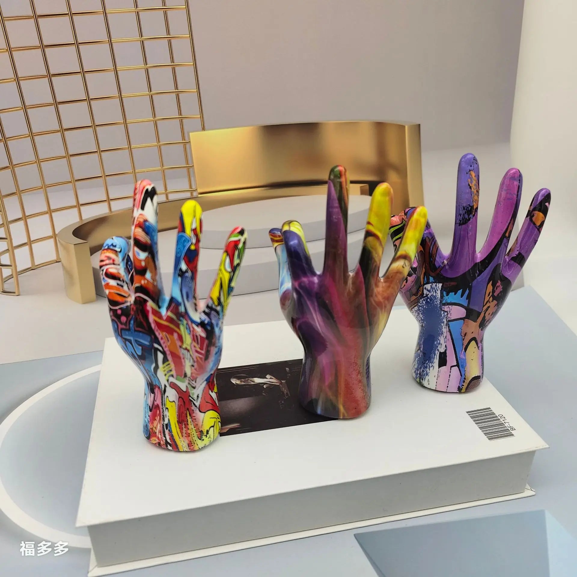 Graffiti Hand Gesture Statue Modern Art Colorful Hand Resin Figurine Finger Model for Home Desktop Office Decor