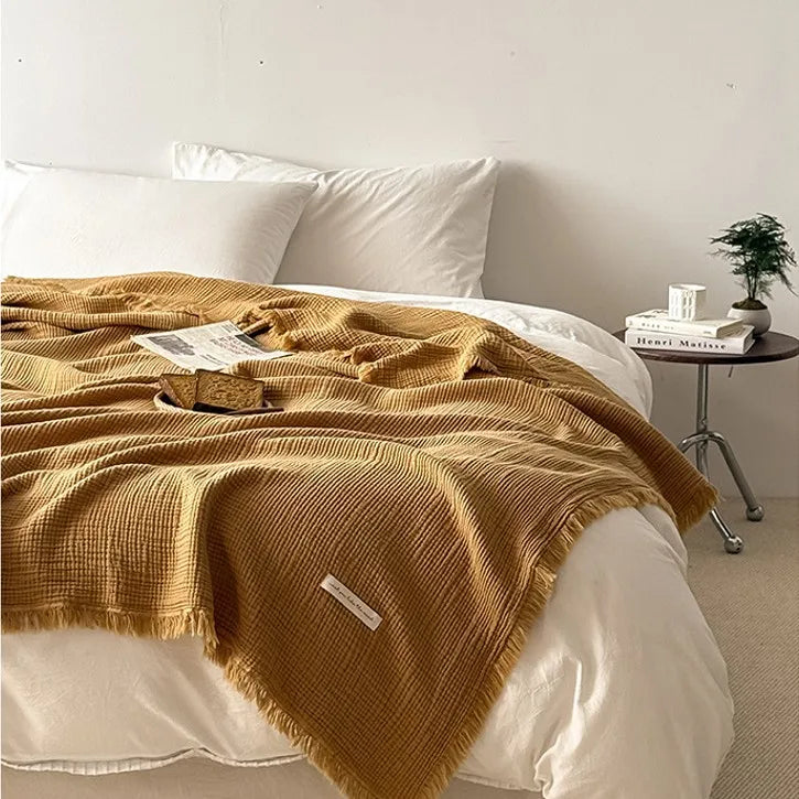 4-Layer 100% Cotton Gauze Blanket - Solid Color Sofa Throw with Tassel Trim, Multipurpose Lightweight Coverlet for Bed, Couch