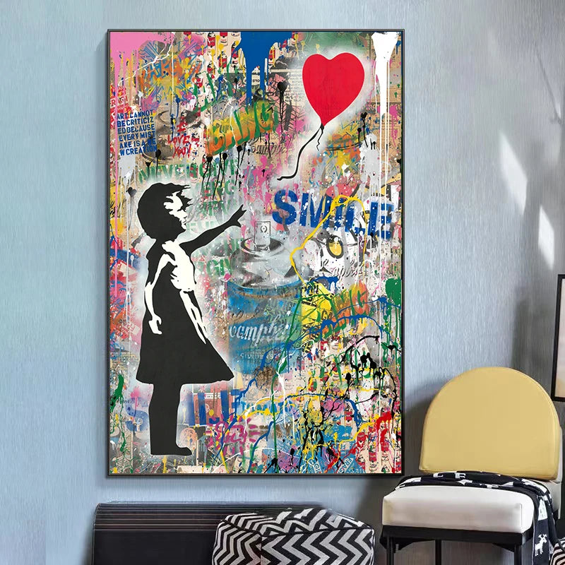 Boy and Girl Hugging Love Romantic Art Graffiti Canvas Painting Banksy Wall Art Prints Poster Artwork for Living Room Home Decor