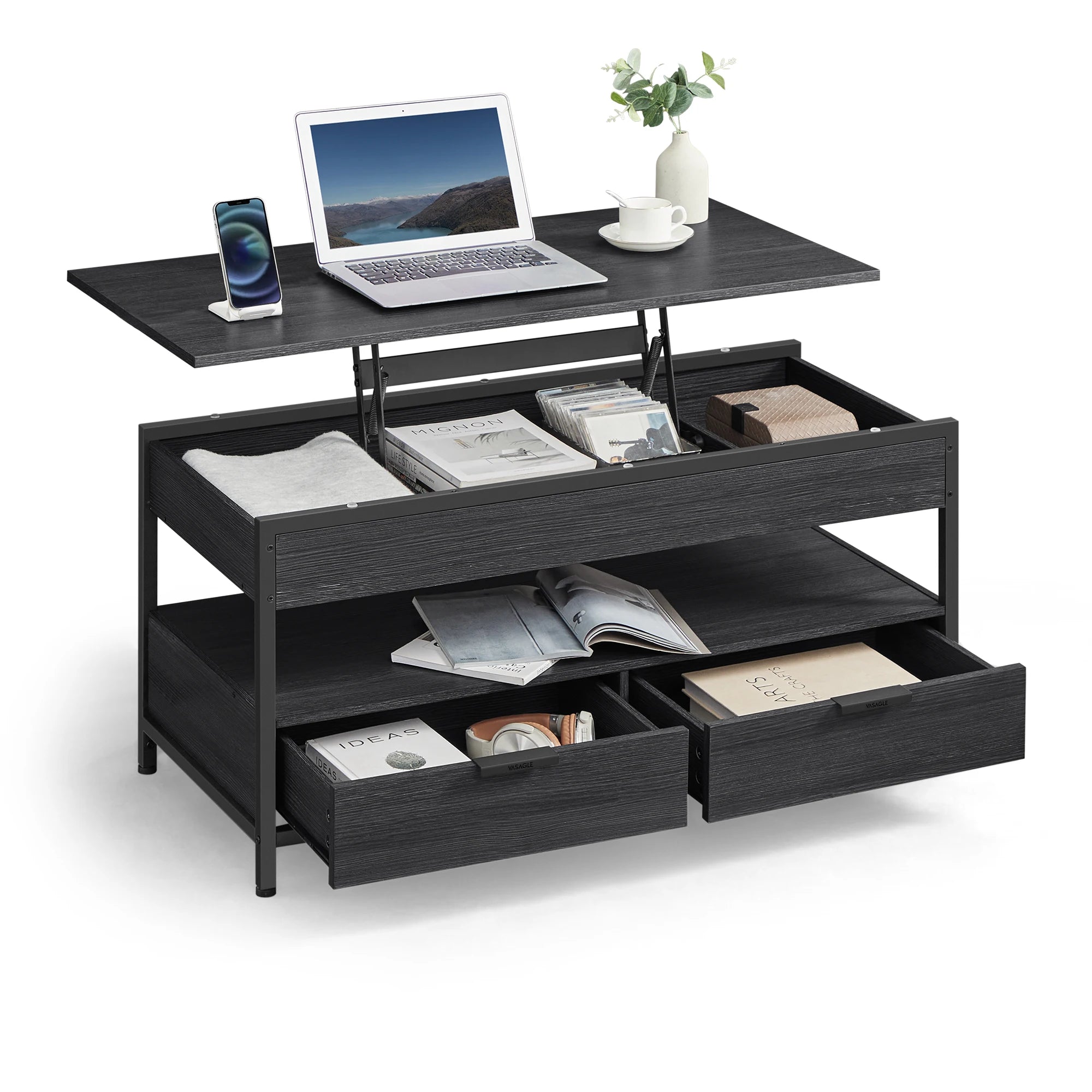 VASAGLE Coffee Table, Height-Adjustable Living Room Table with Drawers and Open Compartment, 50 x 100 x (48-63) cm