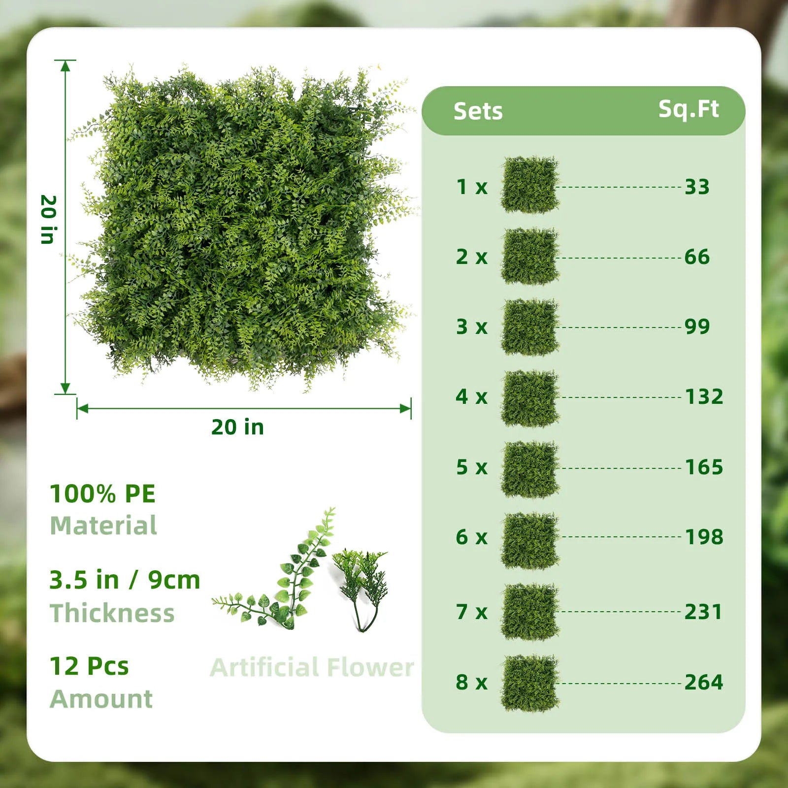 12-Pack 20" x 20" Artificial Boxwood Panels, Sun-Resistant Privacy Hedge, 33 m² Artificial Greenery Plants for Indoor and Outdoor Garden Use