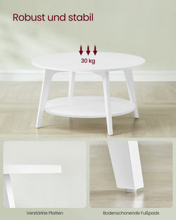 VASAGLE Coffee Table, 2-Tier Living Room Table, ∅ 80 x 45 cm, Easy to Assemble, Snow White