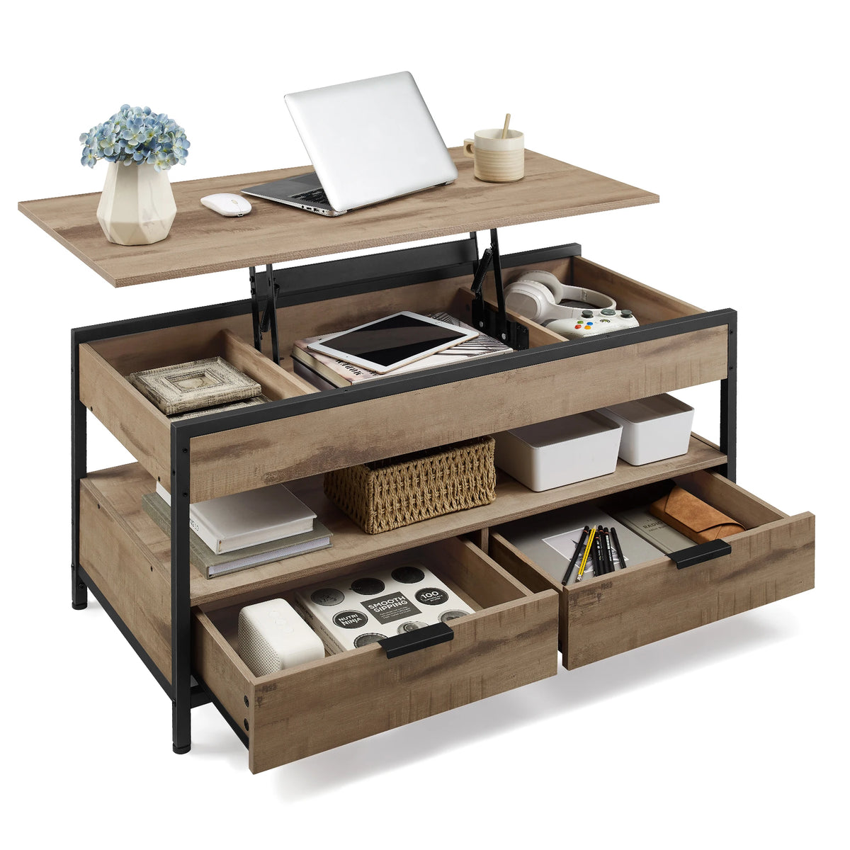 VASAGLE Coffee Table, Height-Adjustable Living Room Table with Drawers and Open Compartment, 50 x 100 x (48-63) cm