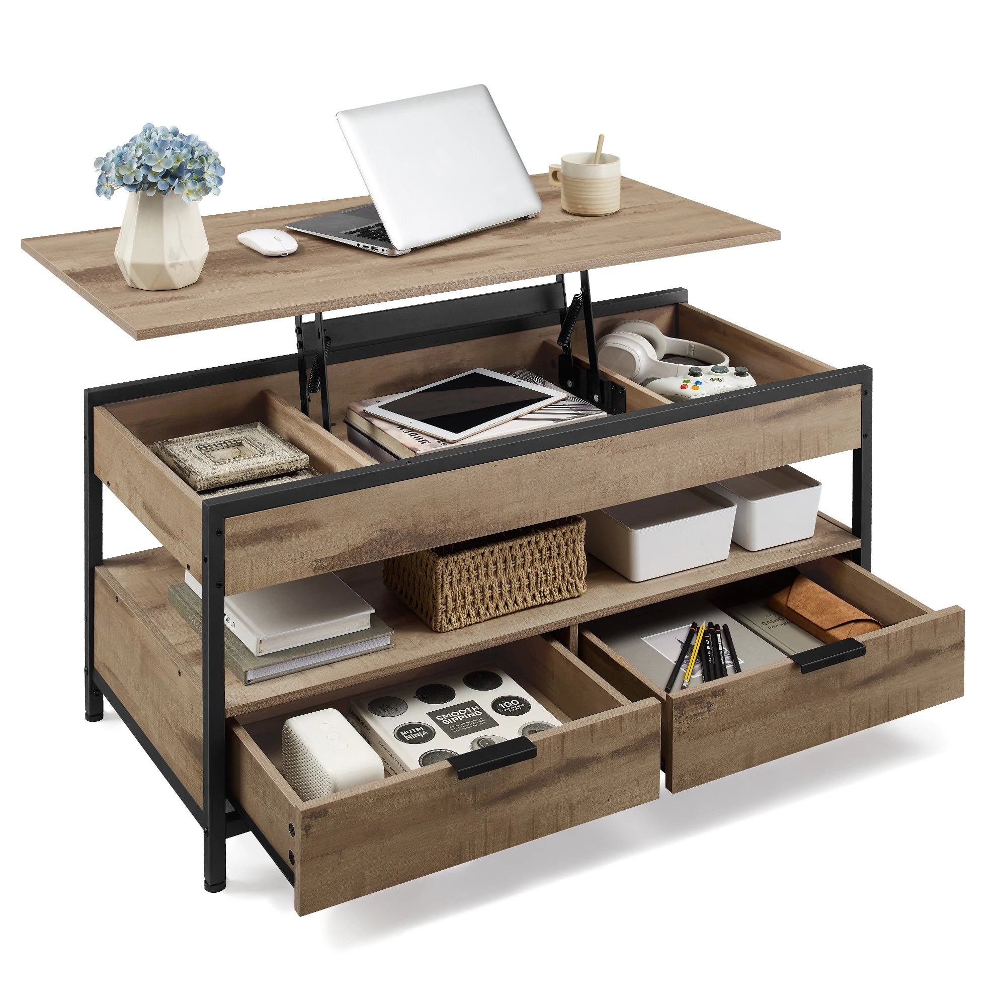 VASAGLE Coffee Table, Height-Adjustable Living Room Table with Drawers and Open Compartment, 50 x 100 x (48-63) cm