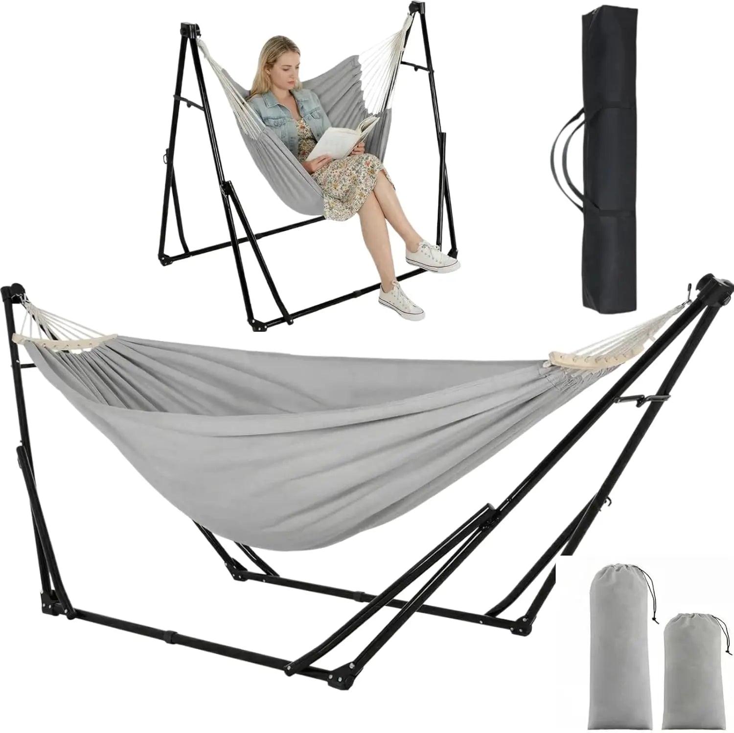 Hammock with Stand, Outdoor Hammock, Foldable, Adjustable, Sturdy, with Carry Bag, Up to 200 kg, for Garden, Balcony, Camping and Indoor Use