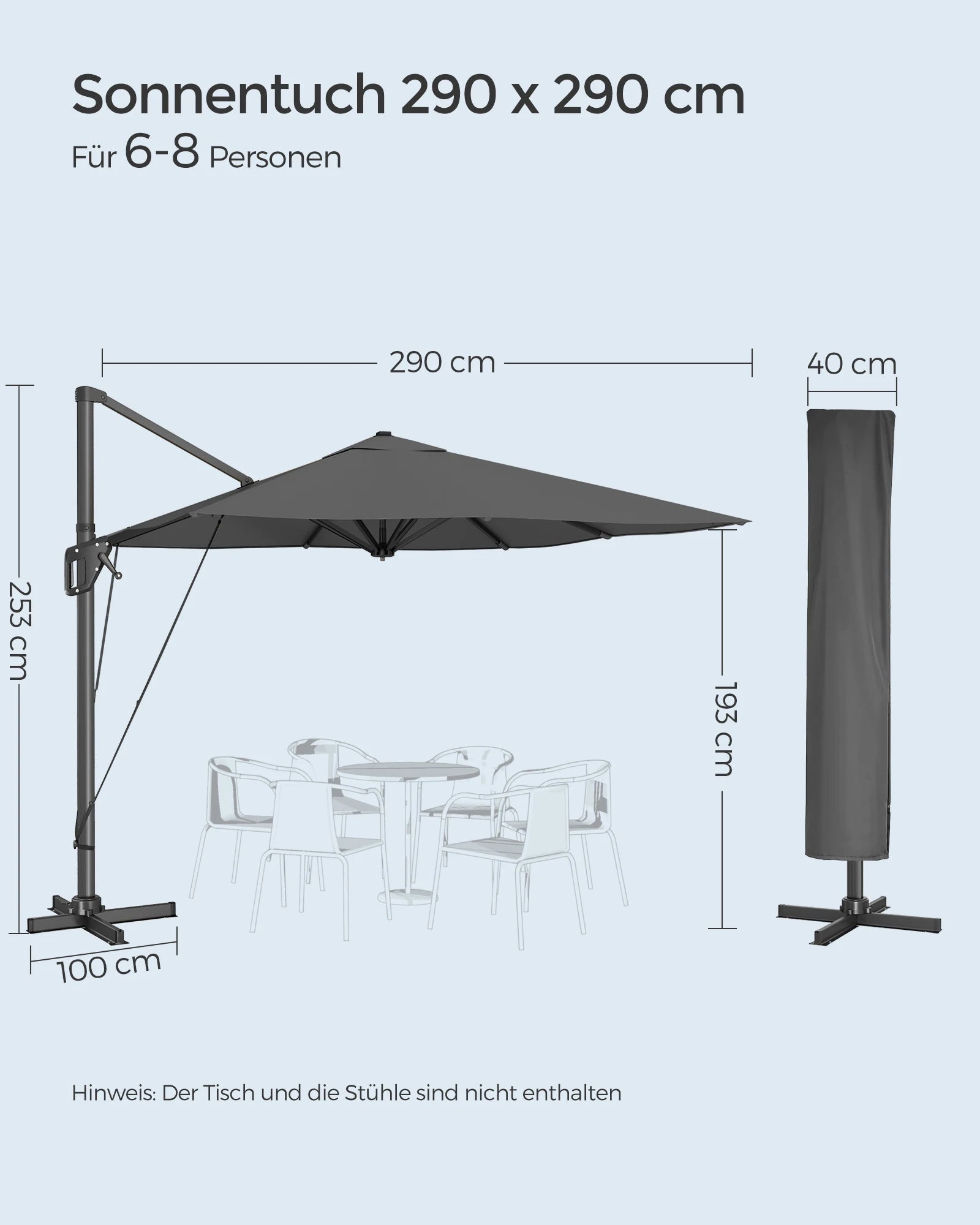 SONGMICS Parasol, 290 x 290 cm, UPF 50+, 360°, with Stand and Fastening Straps