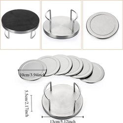 6 Pieces Durable Round Stainless Steel Coaster Silver Non-slip Heat Insulation Mat with Storage Rack Thickened Cup Mat Gift
