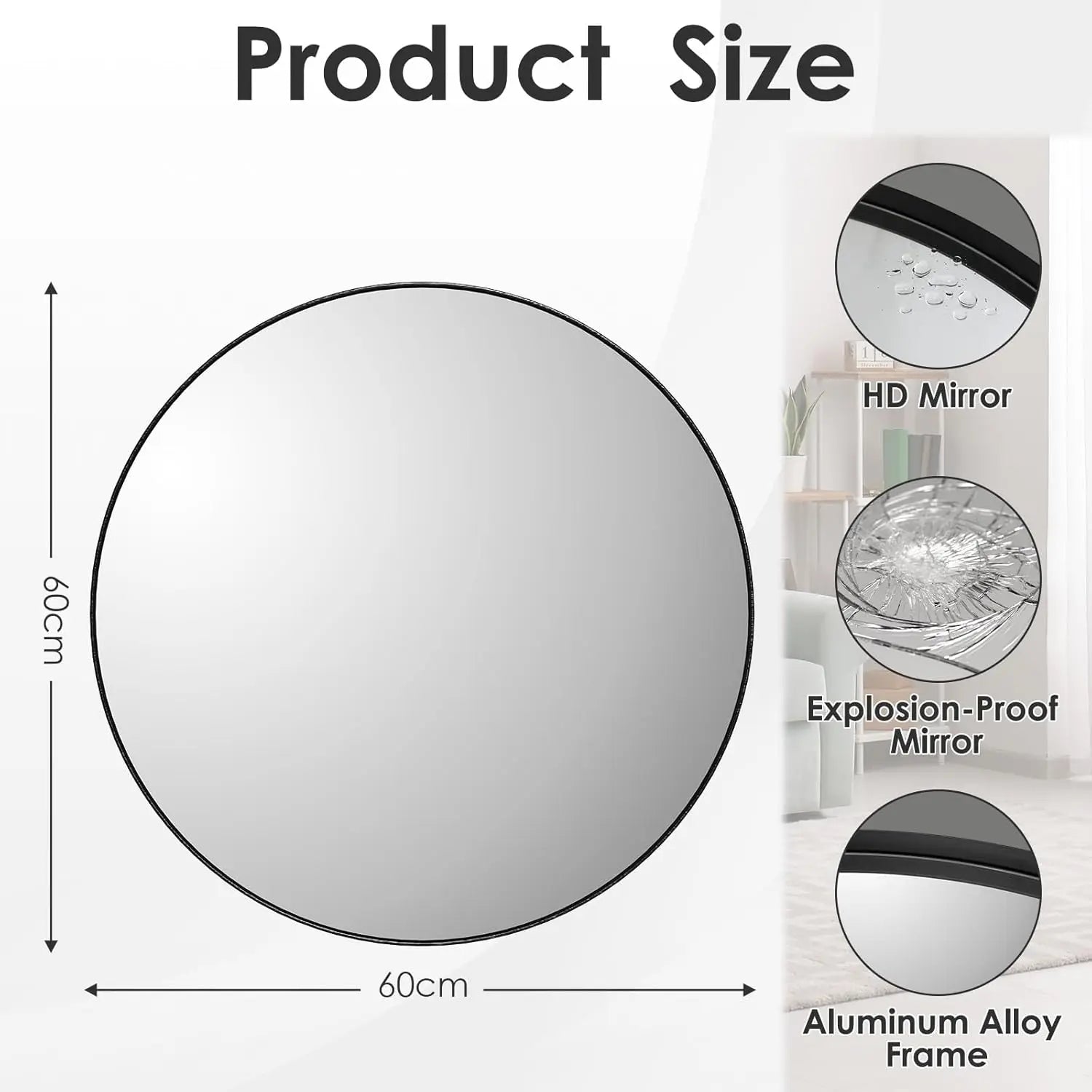 Round Bathroom Mirror 60 x 60 / 80 x 80 cm, Wall Mirror with Black Brushed Metal Frame for Bathroom, Bedroom and Entryway Wall Decor