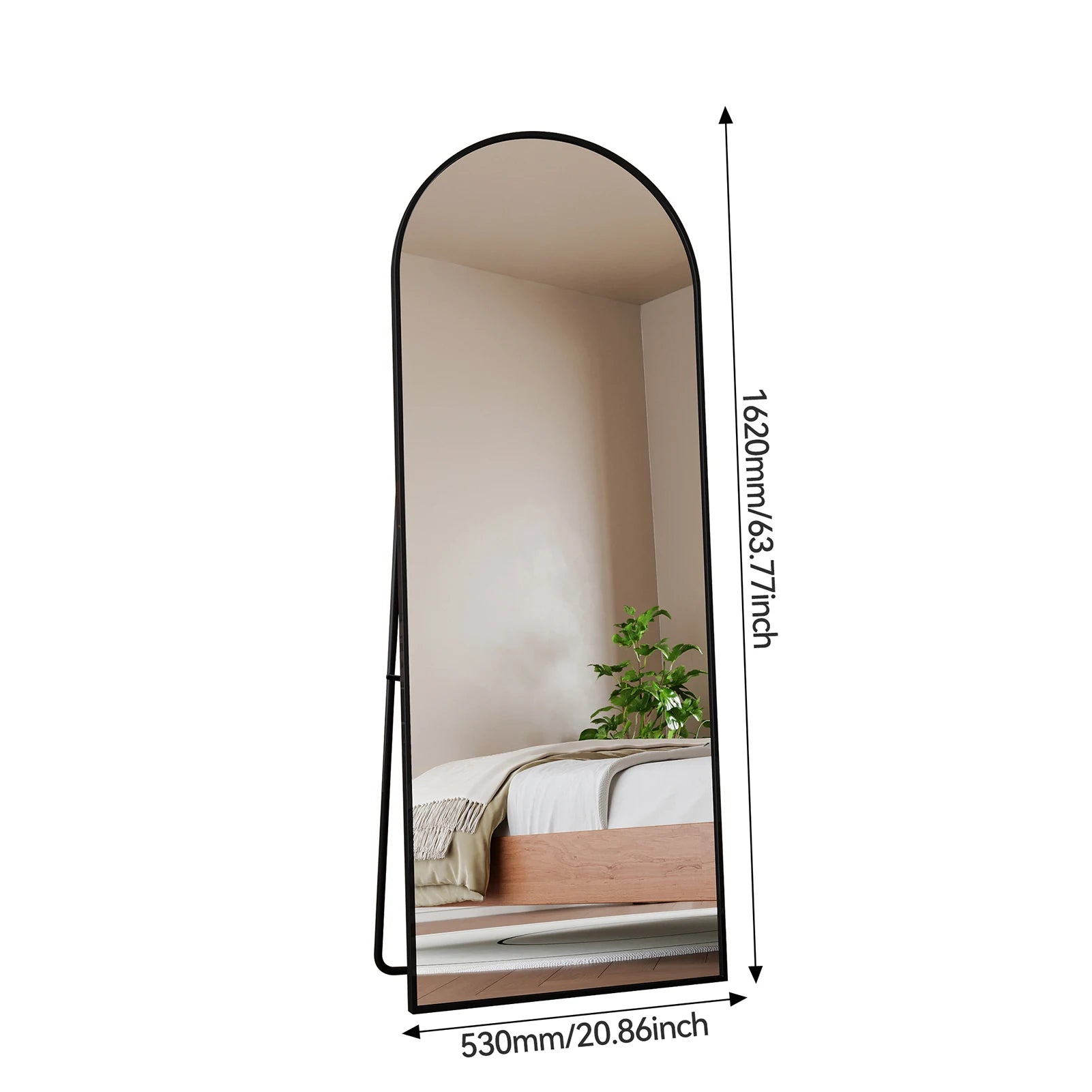Anajqaqia Full-Length Tempered Glass Mirror, Curved Aluminum Frame, 162 x 53 cm, Adjustable Stand, Gold/Black