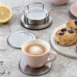 6 Pieces Durable Round Stainless Steel Coaster Silver Non-slip Heat Insulation Mat with Storage Rack Thickened Cup Mat Gift