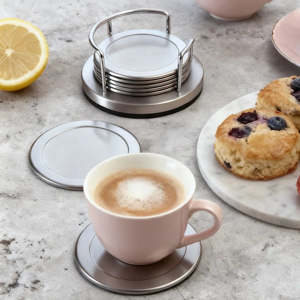 6 Pieces Durable Round Stainless Steel Coaster Silver Non-slip Heat Insulation Mat with Storage Rack Thickened Cup Mat Gift