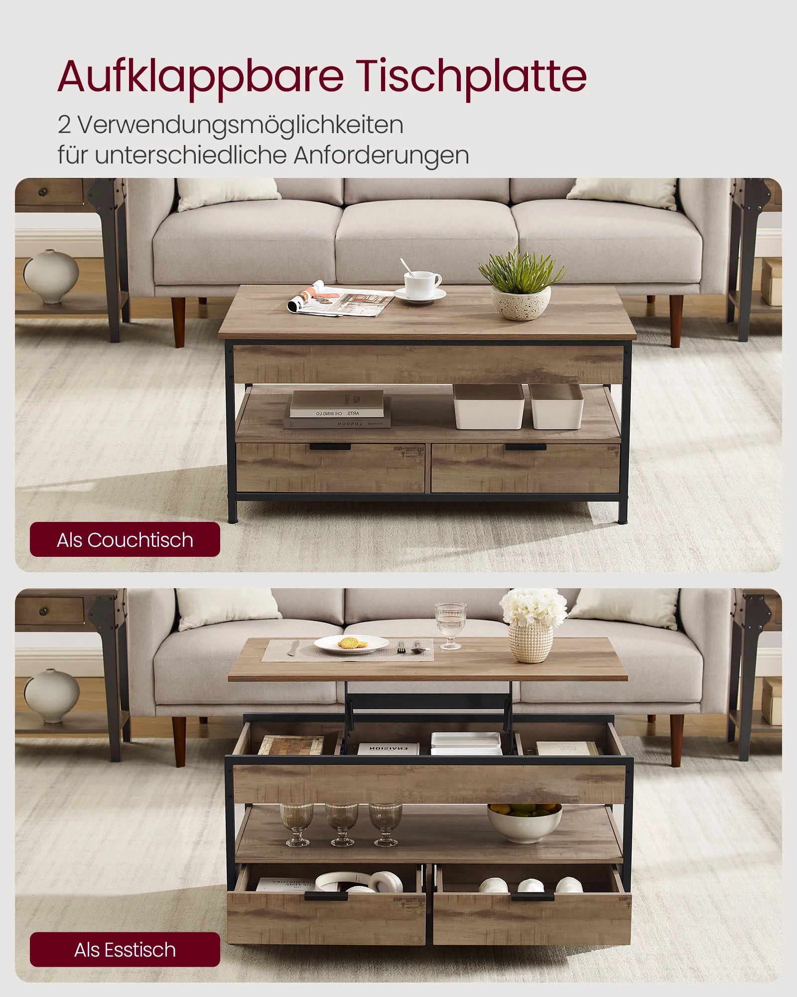 VASAGLE Coffee Table, Height-Adjustable Living Room Table with Drawers and Open Compartment, 50 x 100 x (48-63) cm